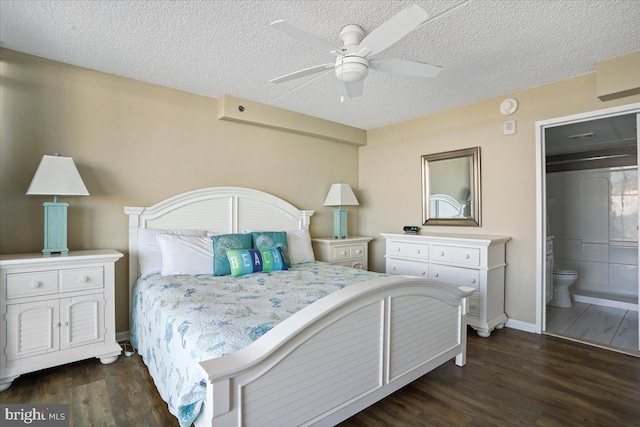 bedroom featuring ceiling fan, ensuite bathroom, dark wood-type flooring, and a textured ceiling