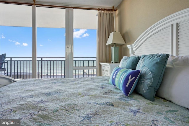 bedroom featuring a water view