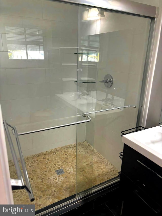 bathroom featuring vanity and an enclosed shower