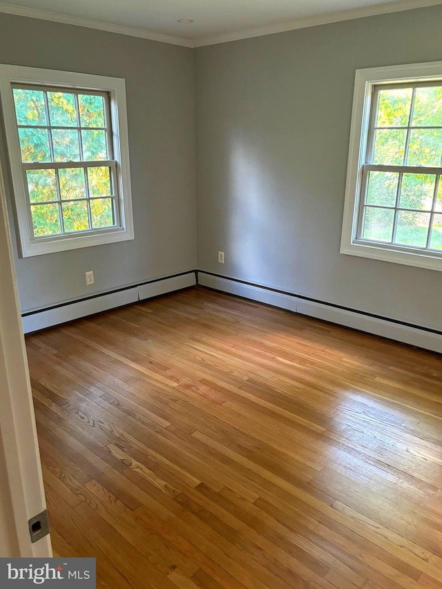 empty room featuring crown molding, a healthy amount of sunlight, and light wood-type flooring