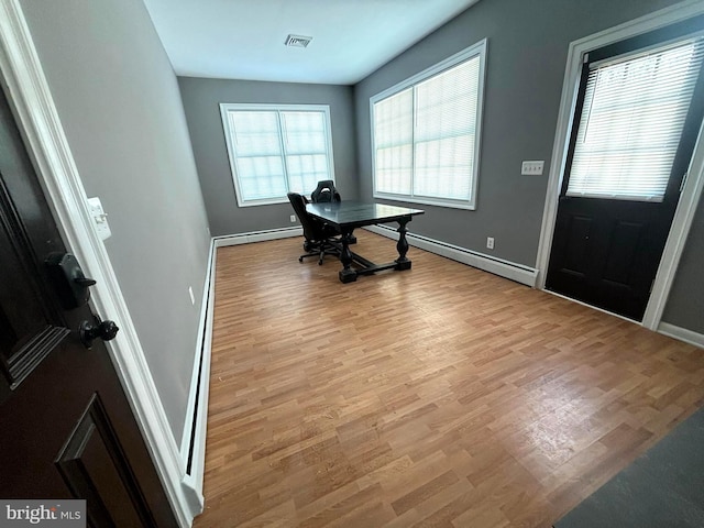 home office featuring light hardwood / wood-style flooring and baseboard heating