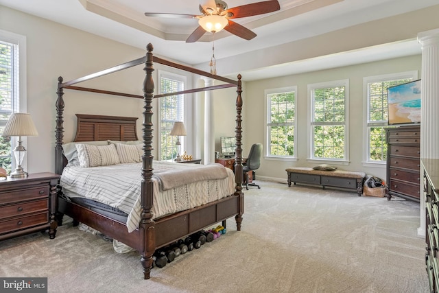 bedroom featuring multiple windows, a tray ceiling, ceiling fan, and light colored carpet