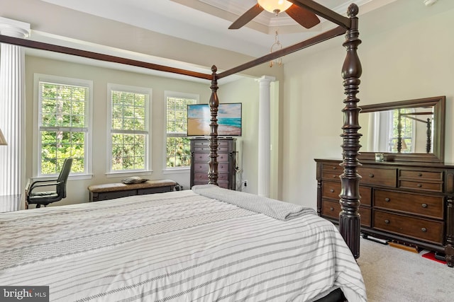 bedroom with ceiling fan, carpet floors, and crown molding