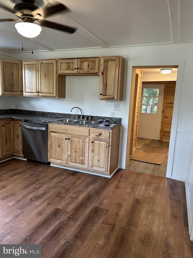 kitchen featuring dishwasher, ceiling fan, dark wood-type flooring, and sink