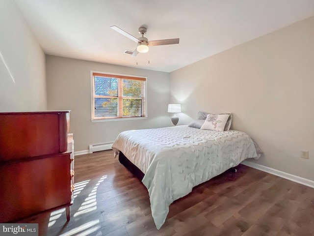 bedroom featuring ceiling fan, dark hardwood / wood-style floors, and a baseboard heating unit