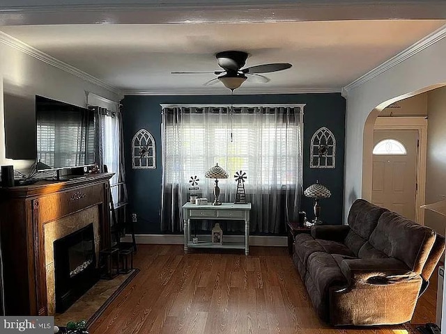 living room with ceiling fan, ornamental molding, and hardwood / wood-style floors