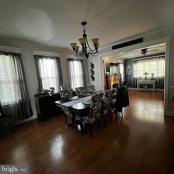 dining room featuring ceiling fan with notable chandelier, dark hardwood / wood-style floors, and ornamental molding