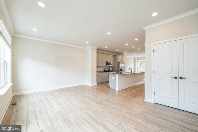 unfurnished living room featuring light hardwood / wood-style flooring, ornamental molding, and sink