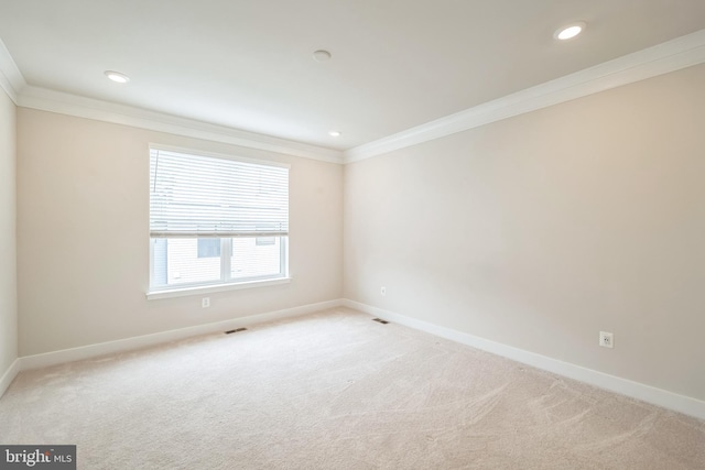 empty room featuring light carpet and crown molding