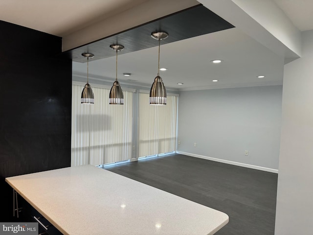 kitchen with pendant lighting and dark hardwood / wood-style flooring