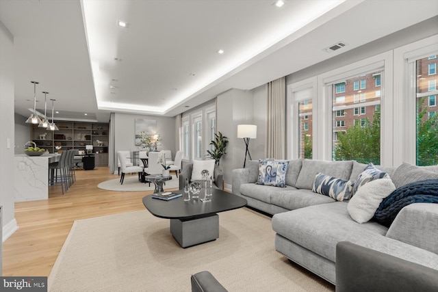 living room with a tray ceiling and light hardwood / wood-style floors