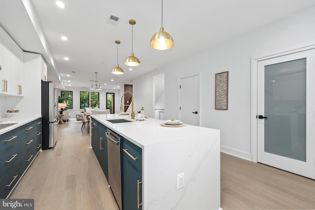 kitchen featuring white cabinets, sink, decorative light fixtures, a center island with sink, and stainless steel appliances