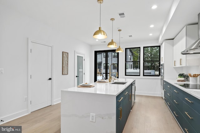 kitchen with blue cabinets, hanging light fixtures, sink, a center island with sink, and white cabinetry