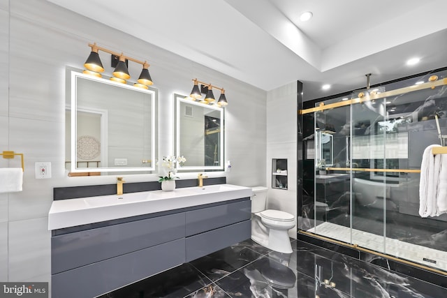 bathroom featuring vanity, toilet, and a shower with door