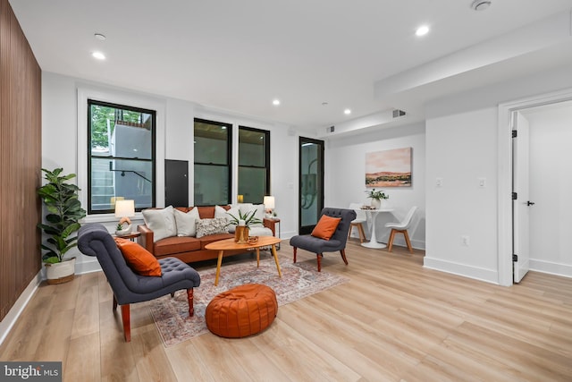 living room with light hardwood / wood-style flooring