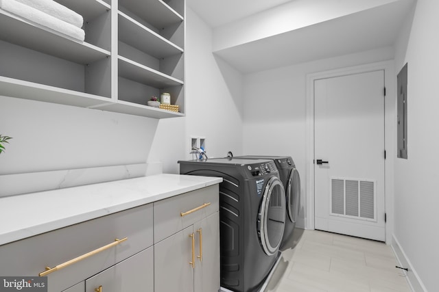 laundry area with cabinets, electric panel, and independent washer and dryer