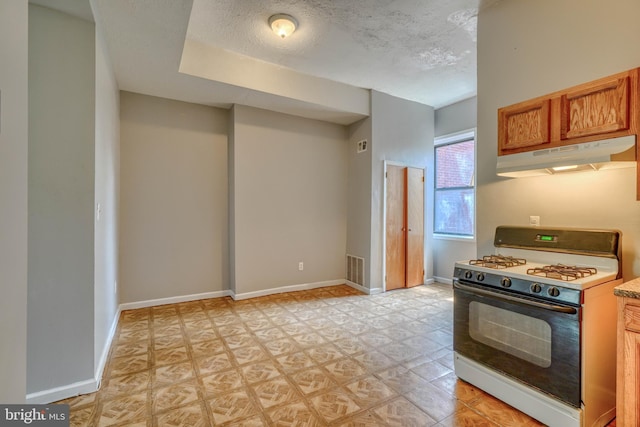 kitchen with a textured ceiling and white gas range