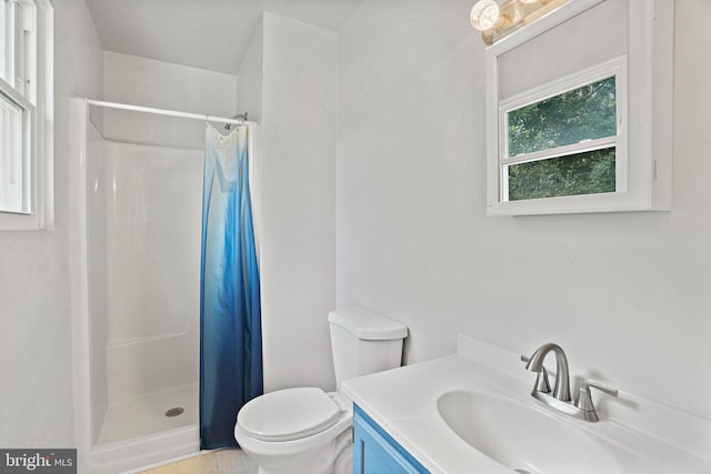 bathroom featuring a shower with curtain, vanity, and toilet