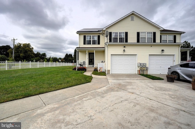 front facade with a garage and a front lawn