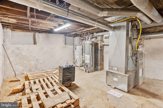 basement featuring heating unit and gas water heater