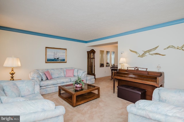 carpeted living room with a textured ceiling and crown molding