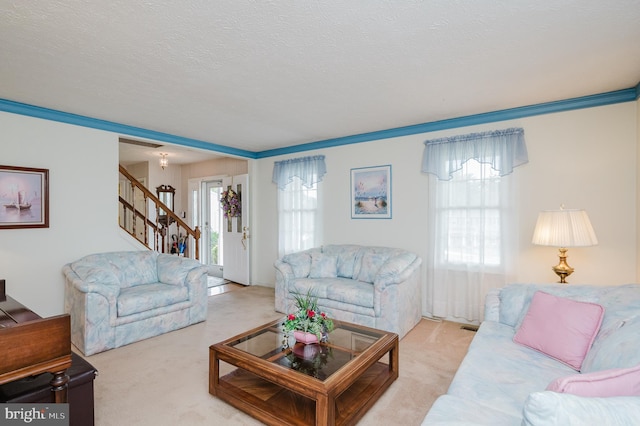 carpeted living room with a textured ceiling