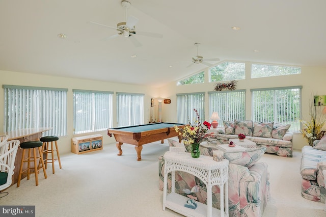 game room with lofted ceiling, ceiling fan, light colored carpet, and billiards