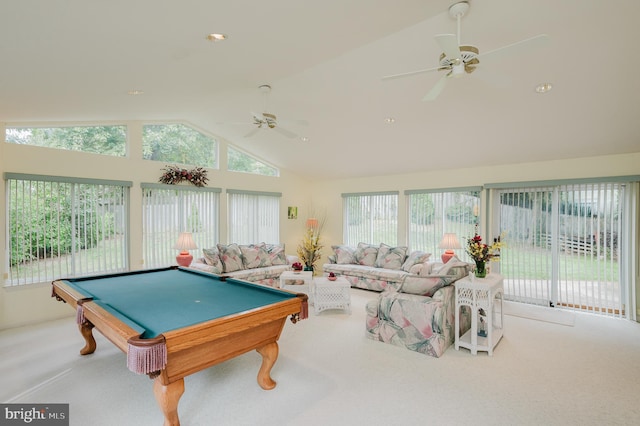 recreation room featuring billiards, carpet, vaulted ceiling, and a healthy amount of sunlight