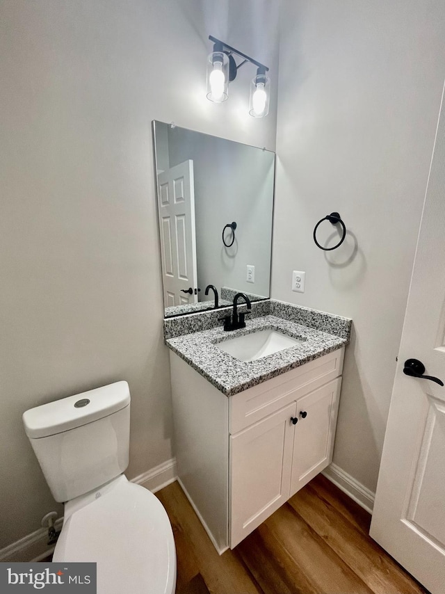 bathroom featuring toilet, vanity, and wood-type flooring