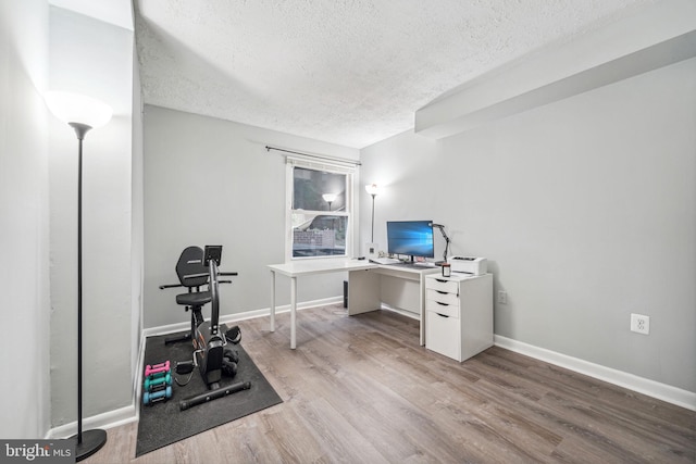 office area featuring a textured ceiling and light hardwood / wood-style flooring