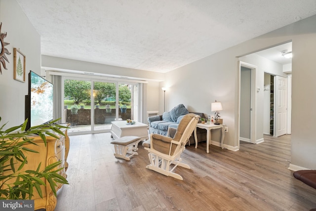 living room featuring a textured ceiling and hardwood / wood-style flooring