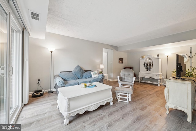 living room featuring light hardwood / wood-style floors and a textured ceiling