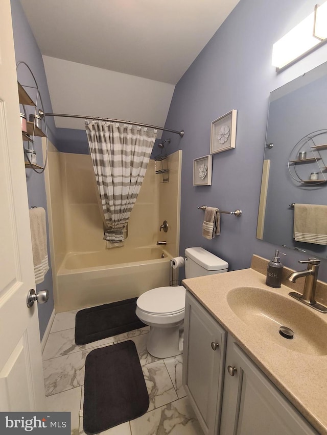 full bathroom featuring shower / bath combination with curtain, vanity, lofted ceiling, and toilet