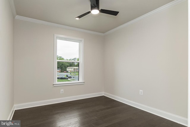 unfurnished room featuring ceiling fan, crown molding, and dark hardwood / wood-style flooring