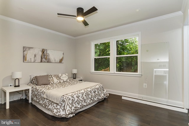 bedroom with ornamental molding, dark hardwood / wood-style flooring, and ceiling fan