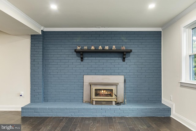 room details with hardwood / wood-style floors, a fireplace, and crown molding