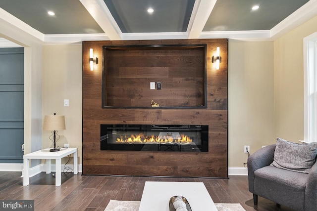 living room with beamed ceiling, a large fireplace, and dark wood-type flooring