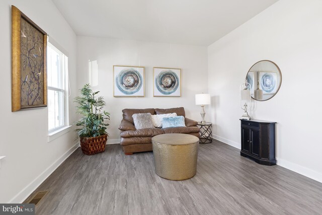 living area with hardwood / wood-style flooring