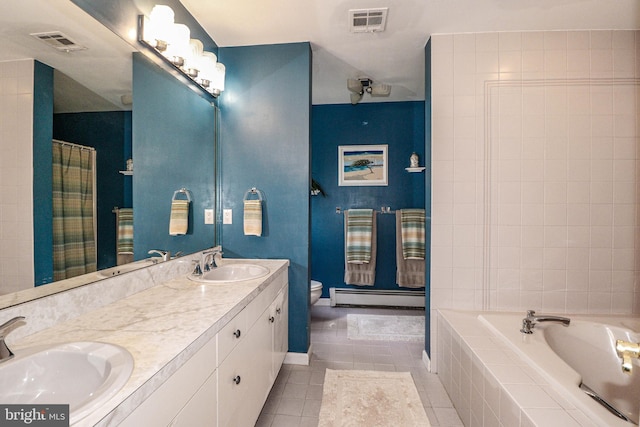 full bathroom with a baseboard radiator, toilet, tile patterned flooring, plus walk in shower, and vanity