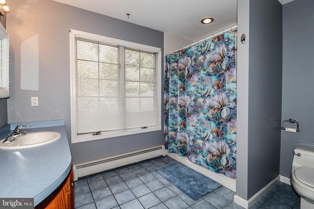 bathroom featuring tile patterned flooring, a baseboard radiator, curtained shower, and toilet