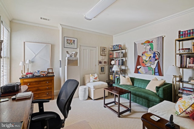 office with crown molding and carpet flooring