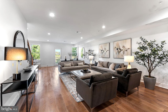 living room with dark wood-type flooring