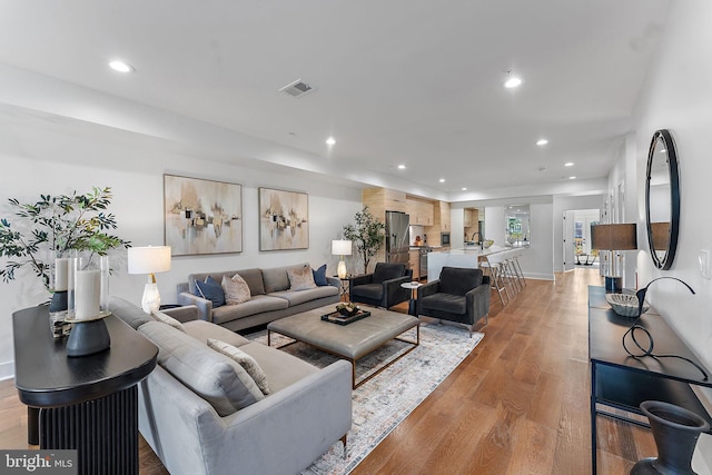 living room featuring sink and hardwood / wood-style flooring