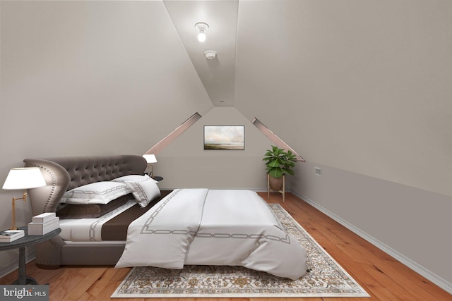 bedroom with wood-type flooring and lofted ceiling