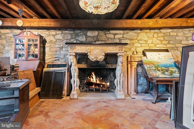 interior space featuring beam ceiling and wooden ceiling