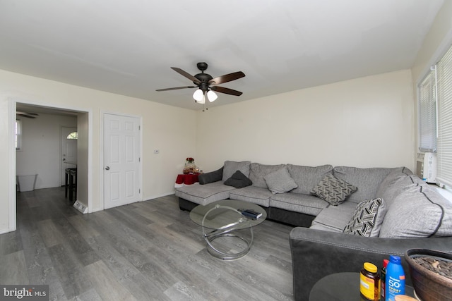 living room with ceiling fan and hardwood / wood-style floors