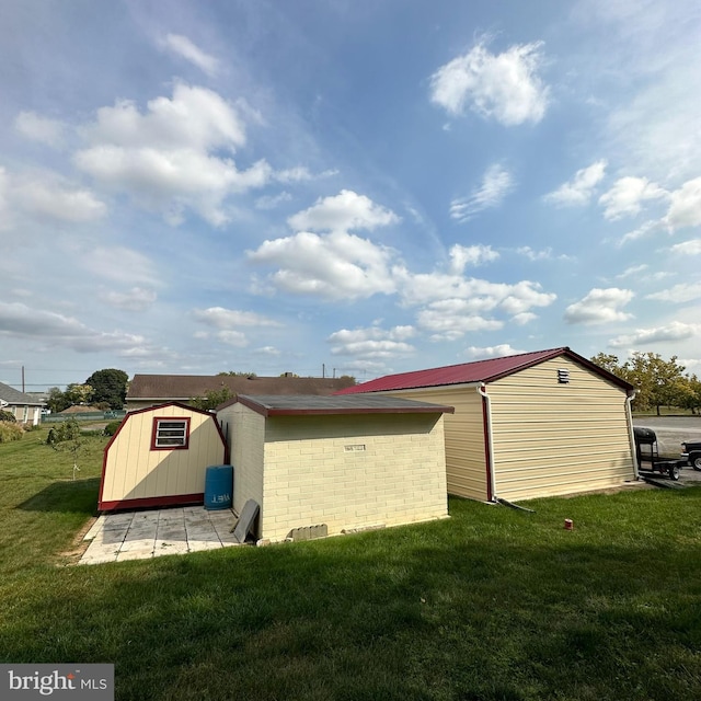 view of property exterior with a shed and a lawn