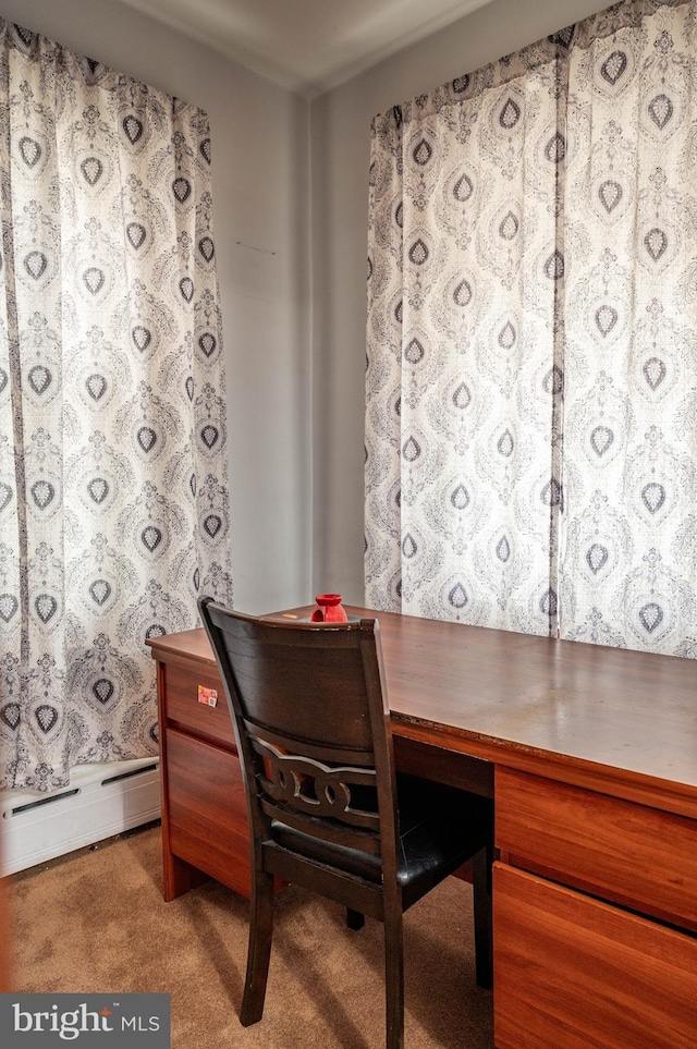 home office featuring light colored carpet and a baseboard radiator