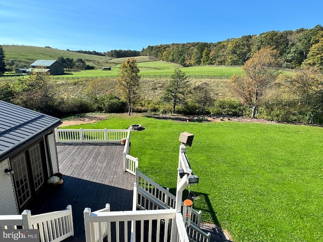 exterior space featuring a rural view and a yard