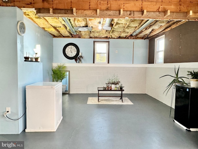 interior space with refrigerator, plenty of natural light, and black refrigerator